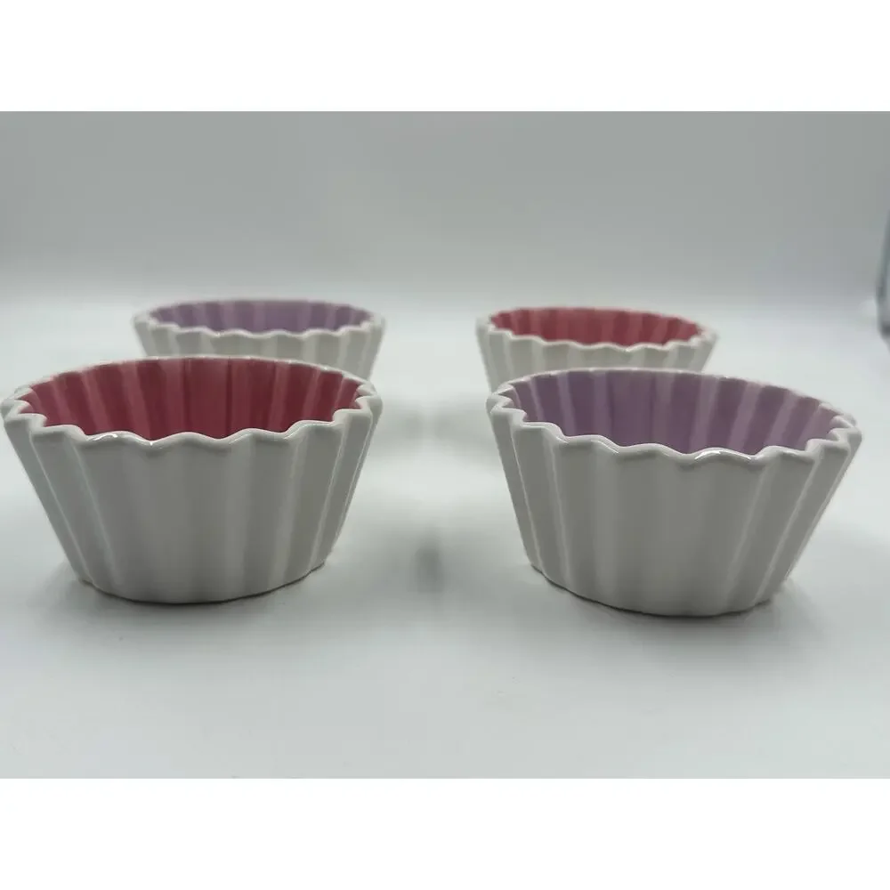 Purple and Pink Ceramic Ramekin, Fluted White Custard Cup, Small Round Ramekin